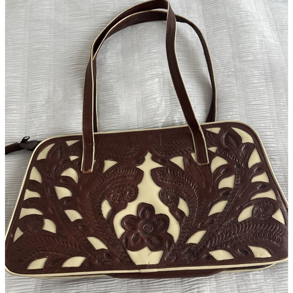 Leaders In Leather Embossed Western Floral Cut Out Shoulder Tote Bag Zip Close